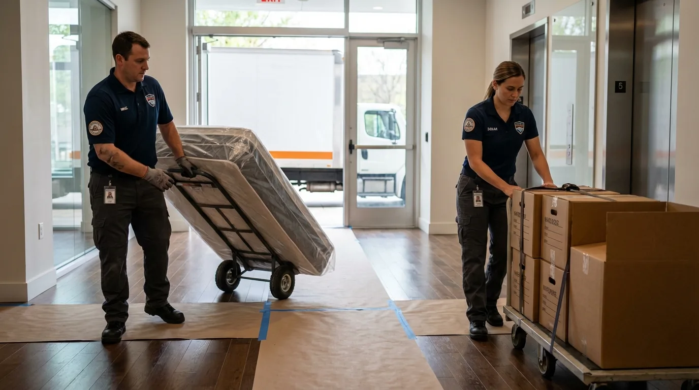Professional apartment movers loading elevator in Rock Hall, MD
